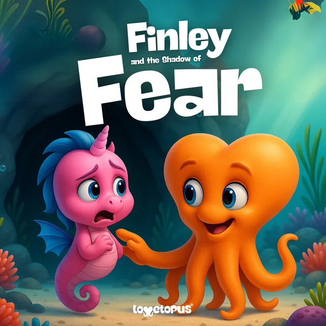 Book cover: Finley and the Shadow of Fear — Finley the pink seahorse and Hugo the orange octopus in an underwater cave.