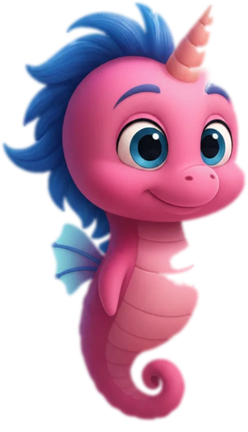 Finley, a small pink seahorse with a cobalt-blue mane.