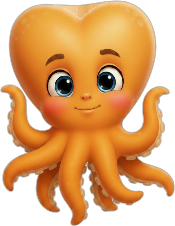 Hugo, a friendly orange octopus with kind eyes and eight soft arms.