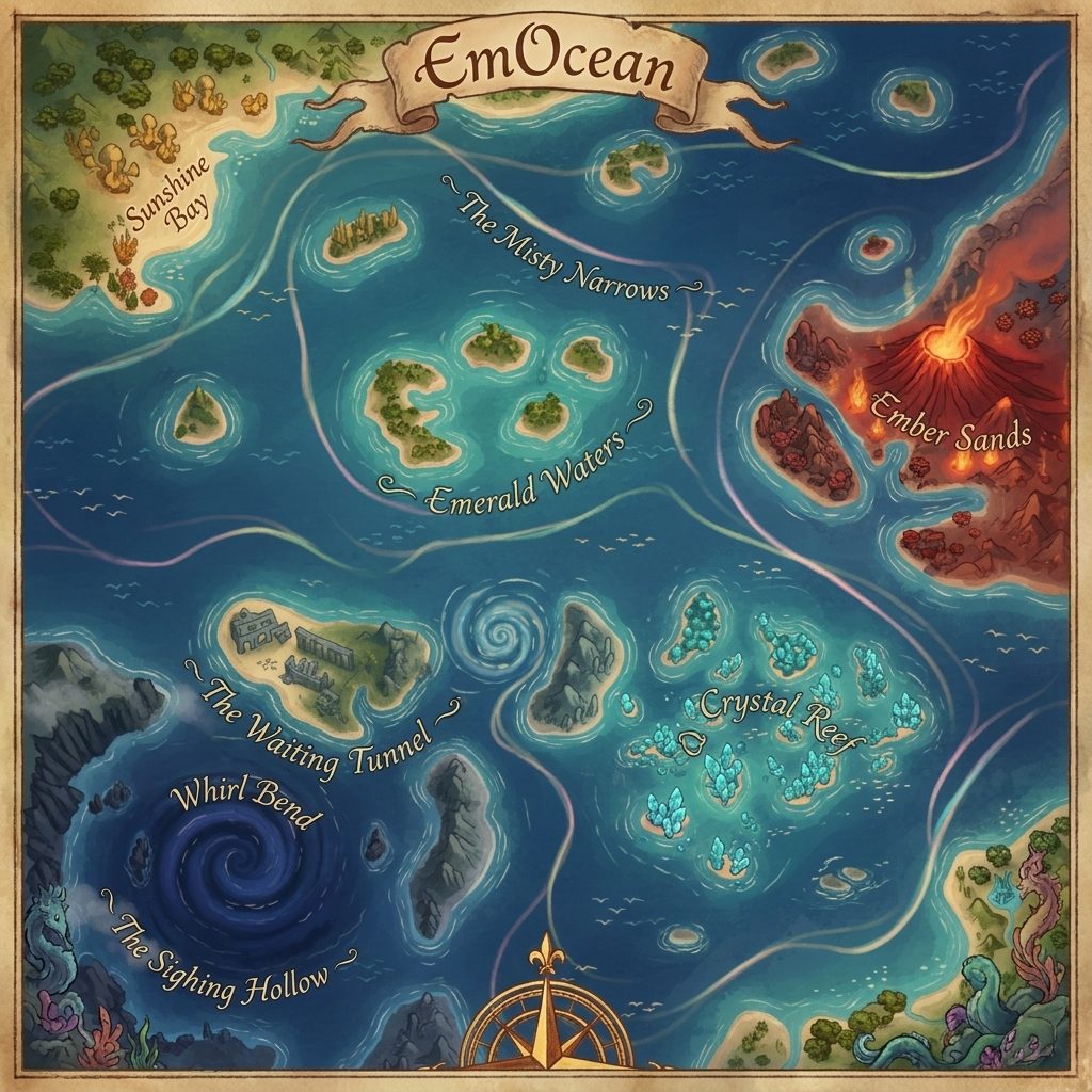 The glowing map of EmOcean, lit warm gold — The Misty Narrows, where Book 1 takes place, shining brightest.